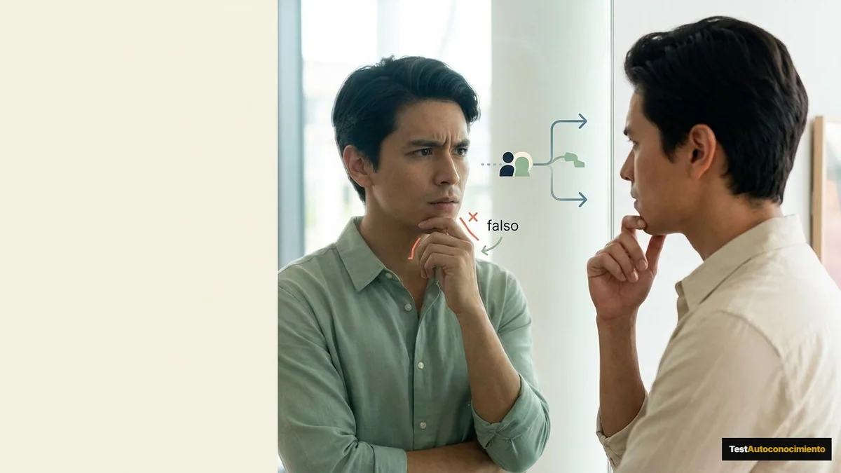 Imagen editorial de a person discovering a personal profile through a mirror-like arrangement of traits, paths and choices, suggesting self-discovery; a recognizable mistake with visual warning cues and a concrete corrective action, creating curiosity about the solution. Artículo: 7 errores al practicar oratoria y comunicación asertiva en 2026