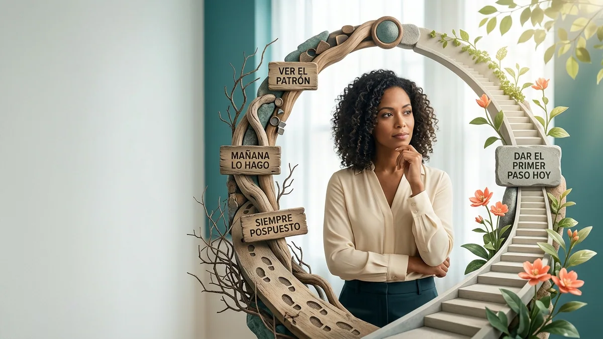 Imagen editorial de a person discovering a personal profile through a mirror-like arrangement of traits, paths and choices, suggesting self-discovery; a recognizable mistake with visual warning cues and a concrete corrective action, creating curiosity about the solution. Artículo: 7 Herramientas para Superar la Procrastinación en 2026