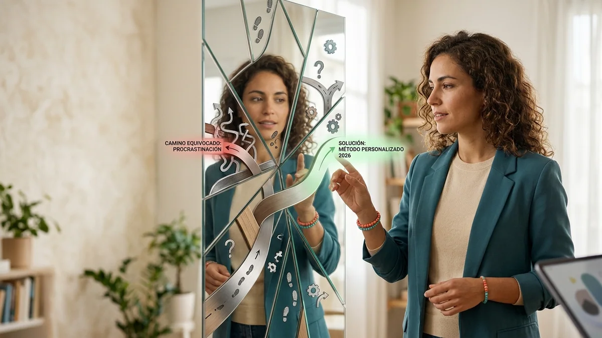 Imagen editorial de a person discovering a personal profile through a mirror-like arrangement of traits, paths and choices, suggesting self-discovery; a recognizable mistake with visual warning cues and a concrete corrective action, creating curiosity about the solution. Artículo: Cómo elegir el mejor método antiprocrastinación en 2026