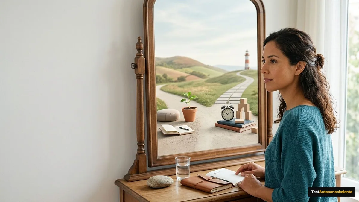 Imagen editorial de a person discovering a personal profile through a mirror-like arrangement of traits, paths and choices, suggesting self-discovery; a balanced visual choice between two clearly different paths, with a decision still open so the reader wants the verdict. Artículo: Cómo elegir tu método de mentalidad de crecimiento en 2026