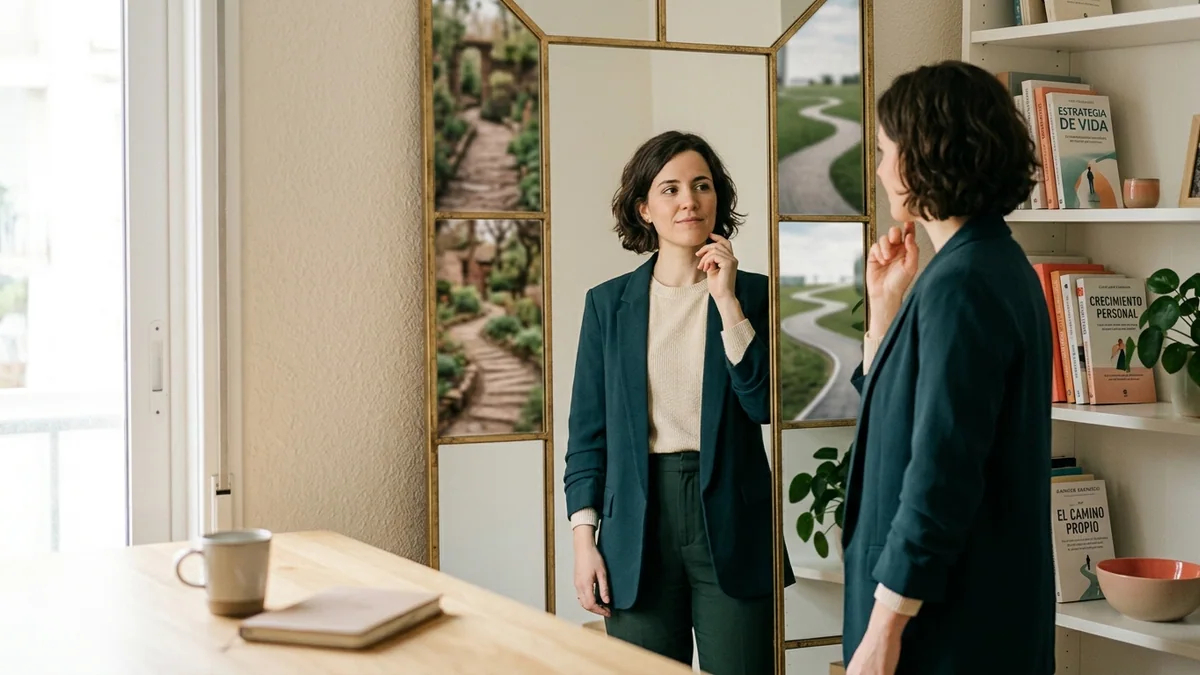 Imagen editorial de a person discovering a personal profile through a mirror-like arrangement of traits, paths and choices, suggesting self-discovery; a balanced visual choice between two clearly different paths, with a decision still open so the reader wants the verdict. Artículo: Hábitos de Éxito y Disciplina 2026: la Guía Definitiva