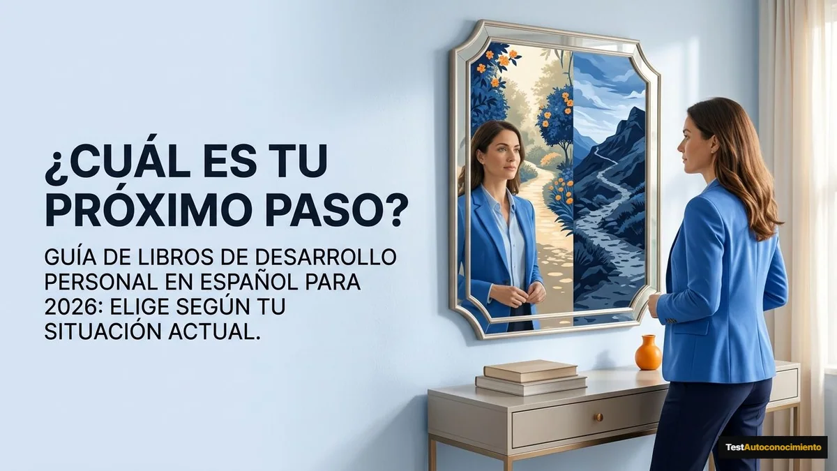 Imagen editorial de a person discovering a personal profile through a mirror-like arrangement of traits, paths and choices, suggesting self-discovery; a balanced visual choice between two clearly different paths, with a decision still open so the reader wants the verdict. Artículo: Los mejores libros de desarrollo personal en español que debes leer en 2026