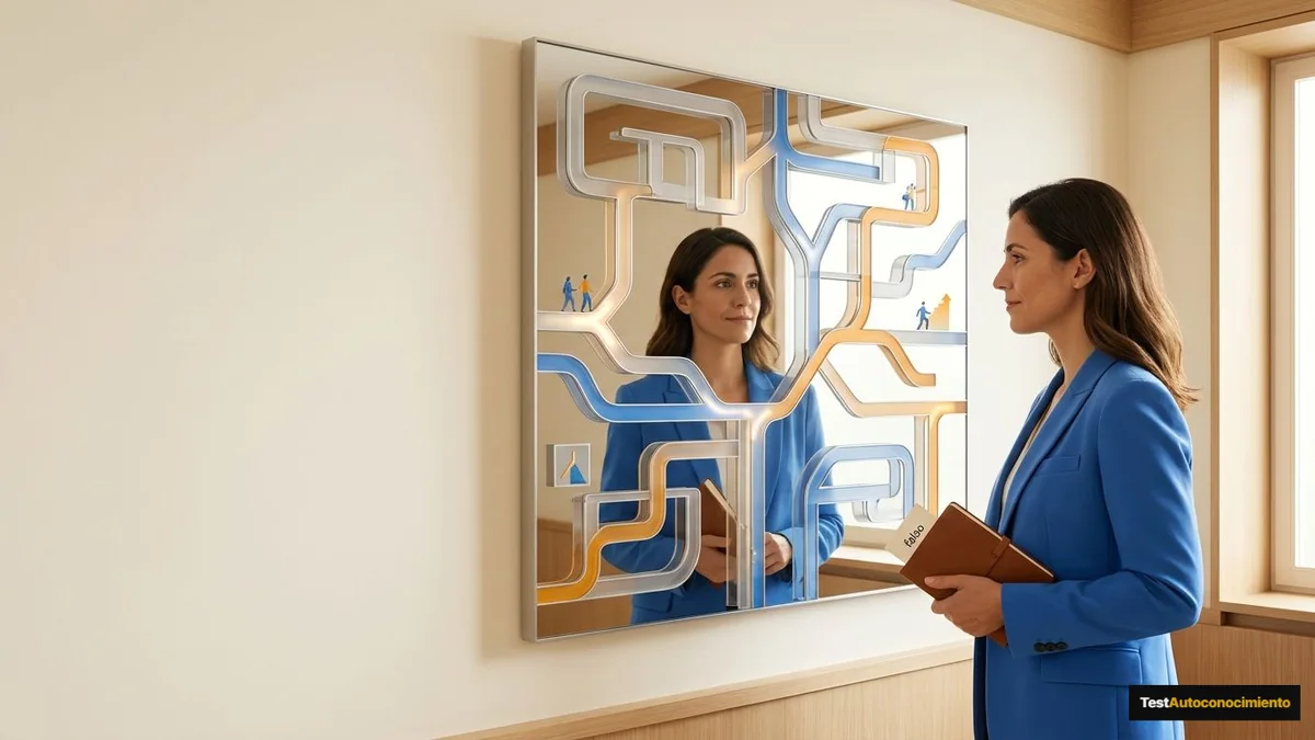 Imagen editorial de a person discovering a personal profile through a mirror-like arrangement of traits, paths and choices, suggesting self-discovery; a visual roadmap from problem to result, with a clear progression and a feeling of practical transformation. Artículo: Mentalidad de crecimiento en 2026: la guía que sí funciona