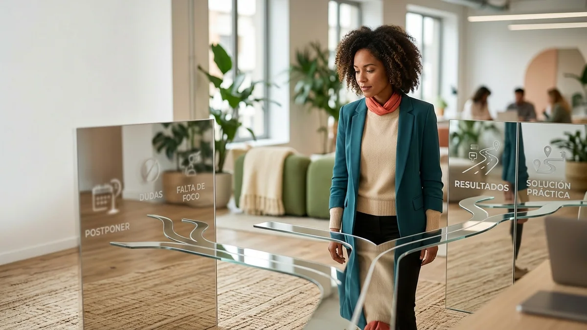 Imagen editorial de a person discovering a personal profile through a mirror-like arrangement of traits, paths and choices, suggesting self-discovery; a visual roadmap from problem to result, with a clear progression and a feeling of practical transformation. Artículo: Superar la procrastinación en 2026: qué dice la ciencia real