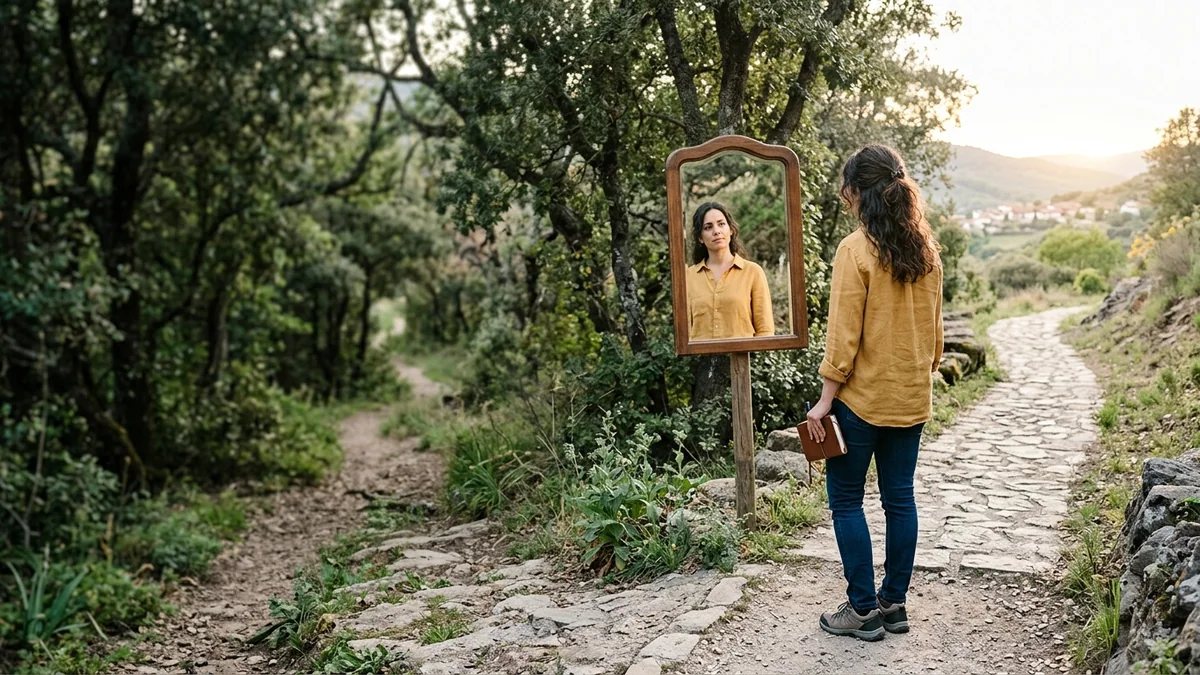 Imagen editorial de a person discovering a personal profile through a mirror-like arrangement of traits, paths and choices, suggesting self-discovery; a balanced visual choice between two clearly different paths, with a decision still open so the reader wants the verdict. Artículo: Test de Autoconocimiento: Reseña Completa 2026 (¿Vale la Pena?)