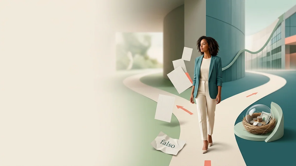 Imagen editorial de a concrete investment decision represented by a branching path, portfolio cards, an abstract growth chart and a protected nest egg, not a generic desk; a balanced visual choice between two clearly different paths, with a decision still open so the reader wants the verdict. Artículo: 6 Métodos para Salir de Deudas en 2026: Guía Comparativa