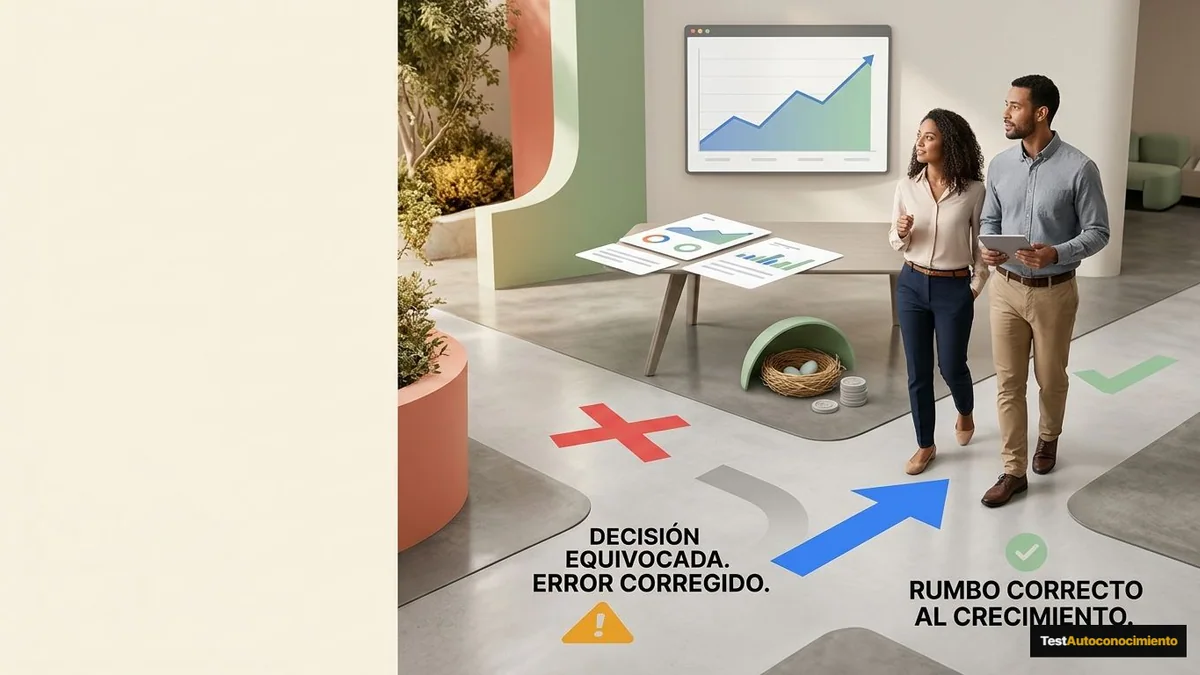 Imagen editorial de a concrete investment decision represented by a branching path, portfolio cards, an abstract growth chart and a protected nest egg, not a generic desk; a recognizable mistake with visual warning cues and a concrete corrective action, creating curiosity about the solution. Artículo: Cómo elegir tu primera inversión en 2026: guía de decisión paso a paso