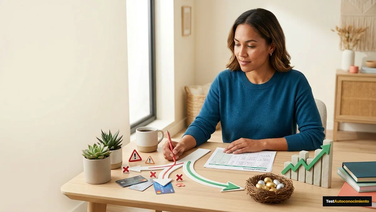 Imagen editorial de a concrete investment decision represented by a branching path, portfolio cards, an abstract growth chart and a protected nest egg, not a generic desk; a recognizable mistake with visual warning cues and a concrete corrective action, creating curiosity about the solution. Artículo: Cómo Organizar las Finanzas del Hogar con una Hoja de Cálculo en 2026 (Plantilla Gratuita)