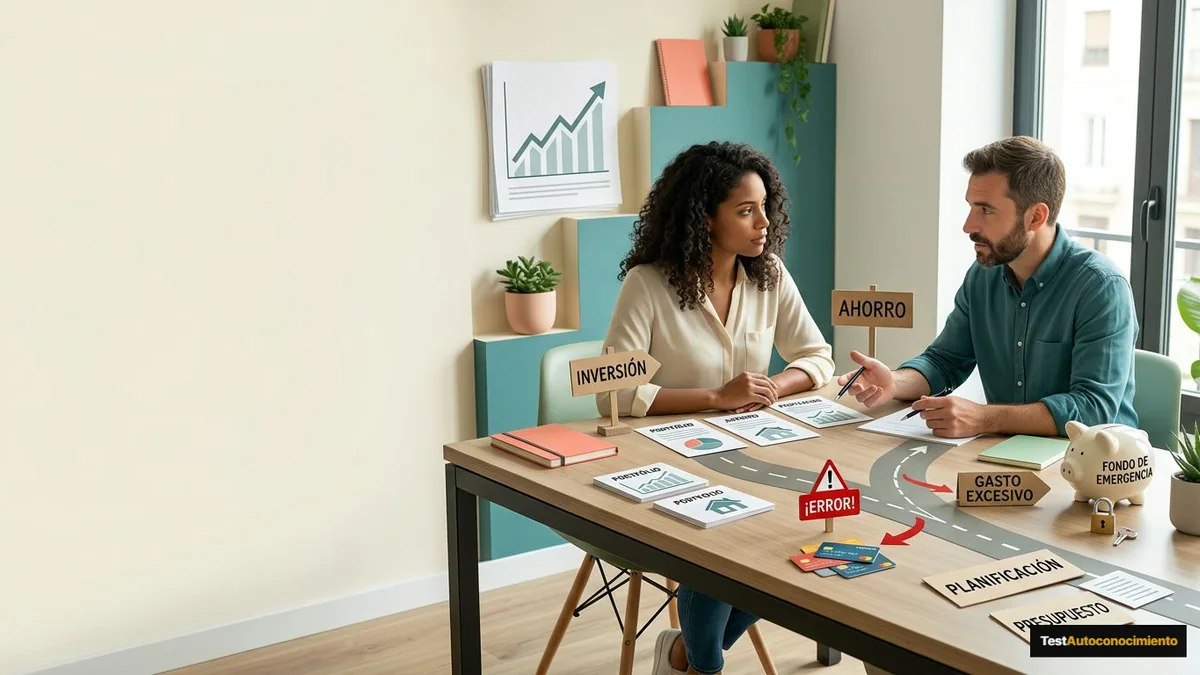 Imagen editorial de a concrete investment decision represented by a branching path, portfolio cards, an abstract growth chart and a protected nest egg, not a generic desk; a recognizable mistake with visual warning cues and a concrete corrective action, creating curiosity about the solution. Artículo: Finanzas para Parejas en 2026: Análisis Completo del Curso y Qué Aprenderás