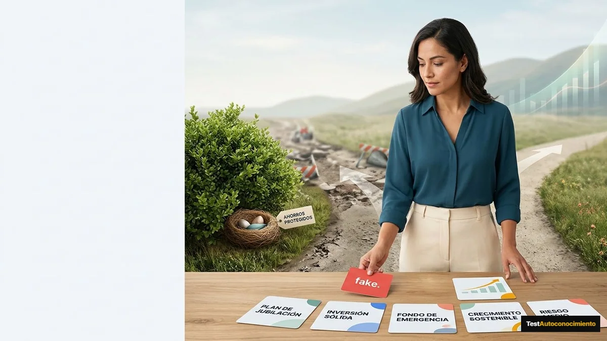 Imagen editorial de a concrete investment decision represented by a branching path, portfolio cards, an abstract growth chart and a protected nest egg, not a generic desk; a recognizable mistake with visual warning cues and a concrete corrective action, creating curiosity about the solution. Artículo: Tu Primera Cartera de Inversión: Review Honesta 2026