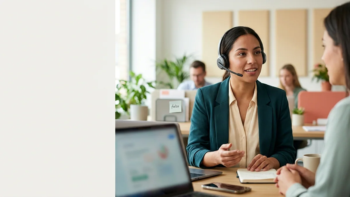 Imagen editorial de a customer-service operator handling a phone call with a headset while a client receives help, focused on the human interaction and no readable screens; a balanced visual choice between two clearly different paths, with a decision still open so the reader wants the verdict. Artículo: Agentes de Voz IA para Empresas: Guía Definitiva 2026