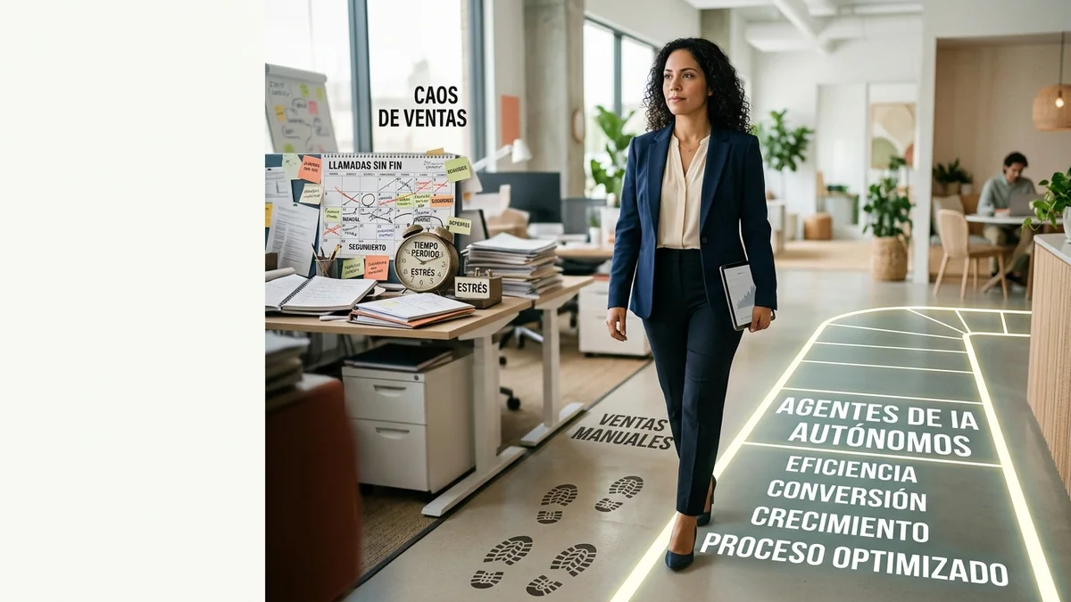 Imagen editorial de una pequeña empresa atendiendo una conversación comercial desde un teléfono sobre la mesa, con un cliente al otro lado y burbujas abstractas sin palabras ni interfaz legible. Artículo: La guía definitiva de agentes de IA para ventas: herramientas y estrategias