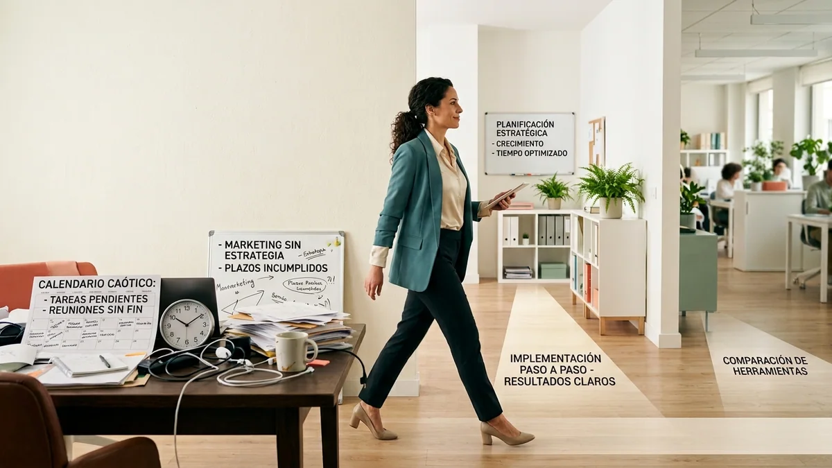 Imagen editorial de una dueña de negocio revisando mensajes de seguimiento y una cesta de compra junto a un cliente satisfecho, con un teléfono sin texto visible y una sensación de recompra automatizada. Artículo: Automatización de Marketing con IA: Manual Operativo 2026