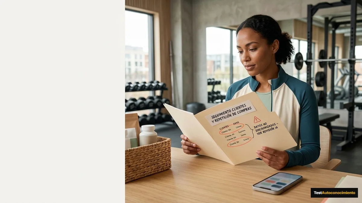 Imagen editorial de a shop owner reviewing a customer follow-up and a returning purchase, with a phone and product basket but no readable screen text; a recognizable mistake with visual warning cues and a concrete corrective action, creating curiosity about the solution. Artículo: Automatizar captación de clientes en gimnasios con IA en 2026