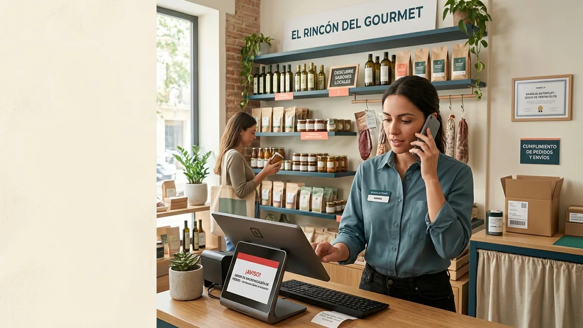 Imagen editorial de una pequeña empresa atendiendo una conversación comercial desde un teléfono sobre la mesa, con un cliente al otro lado y burbujas abstractas sin palabras ni interfaz legible. Artículo: Facturación y Ventas Elite de Dania: ¿ventas 100% automáticas?