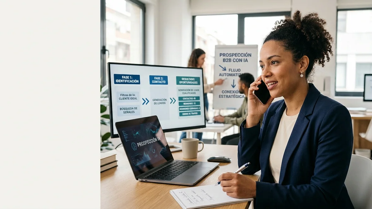 Imagen editorial de una consultora B2B revisando una pizarra física de cuentas objetivo y conectando contactos con notas adhesivas, en una reunión profesional sin logotipos ni texto legible. Artículo: LinkedIn Autopilot de Dania.ai: prospección B2B con IA real