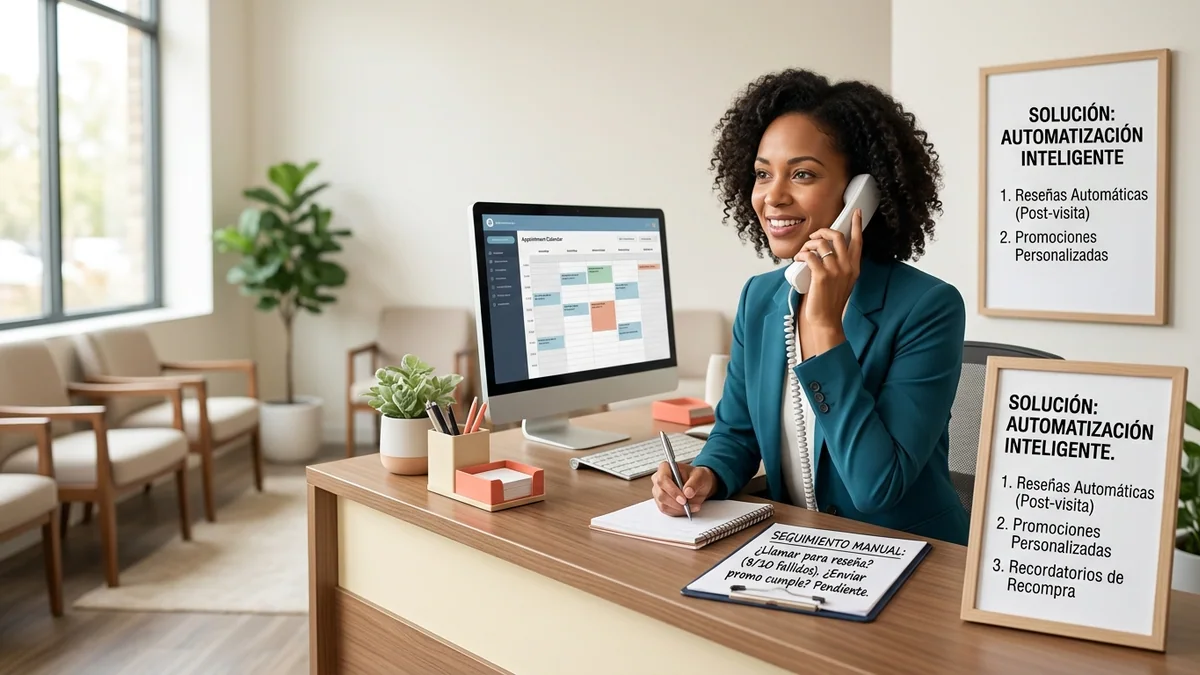 Imagen editorial de una dueña de negocio revisando mensajes de seguimiento y una cesta de compra junto a un cliente satisfecho, con un teléfono sin texto visible y una sensación de recompra automatizada. Artículo: WhatsApp de Fidelización de Dania: reseñas y recompras IA
