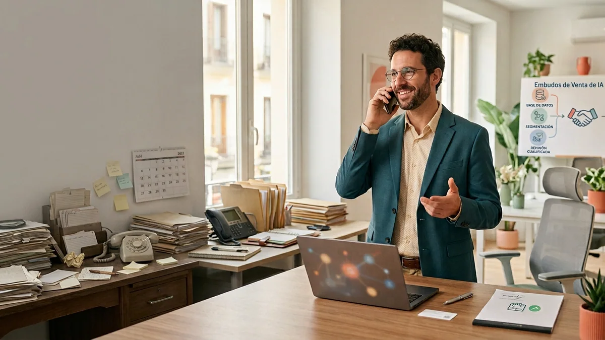 Imagen editorial de una consultora B2B revisando una pizarra física de cuentas objetivo y conectando contactos con notas adhesivas, en una reunión profesional sin logotipos ni texto legible. Artículo: Cómo captar clientes para una agencia de marketing digital con IA