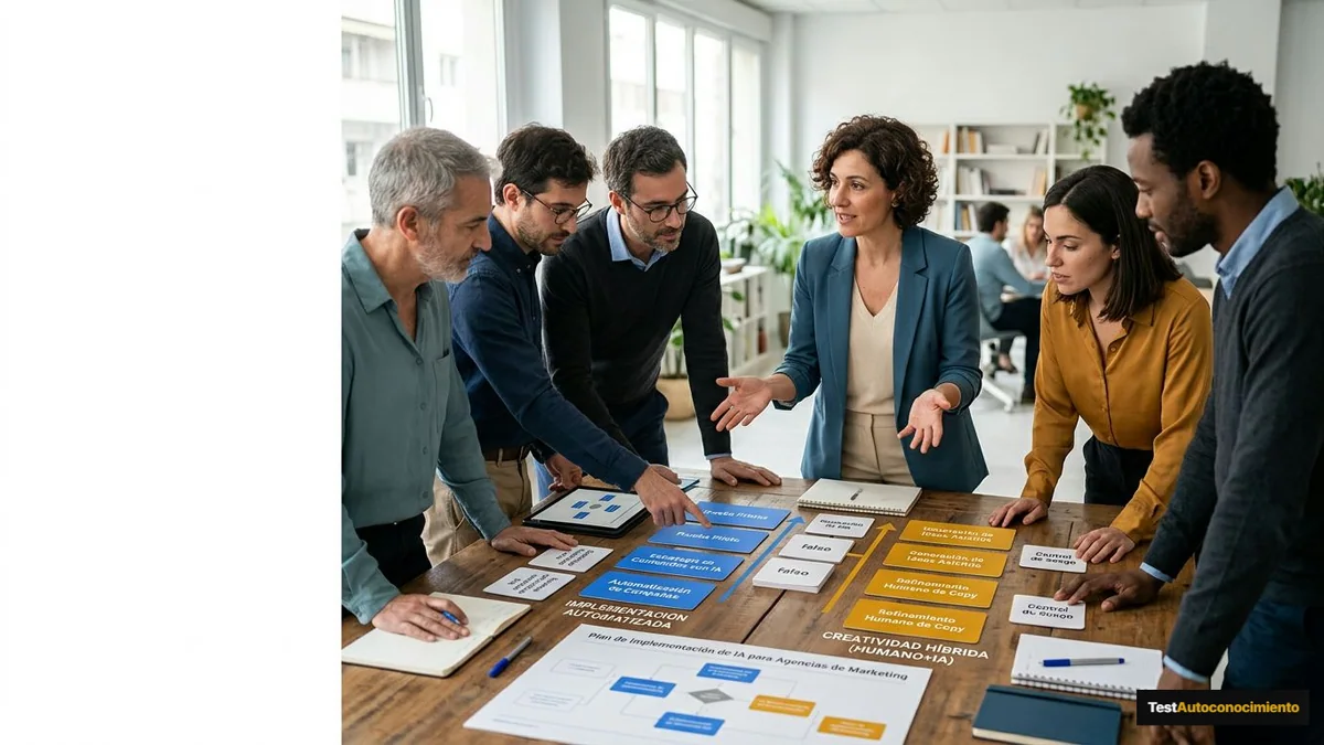 Imagen editorial de a consultant onboarding a small business team into an AI agency network, with a concrete training workshop, process cards and a client implementation plan, no logos or readable text; a balanced visual choice between two clearly different paths, with a decision still open so the reader wants the verdict. Artículo: Cómo elegir IA para agencias de marketing: guía 2026