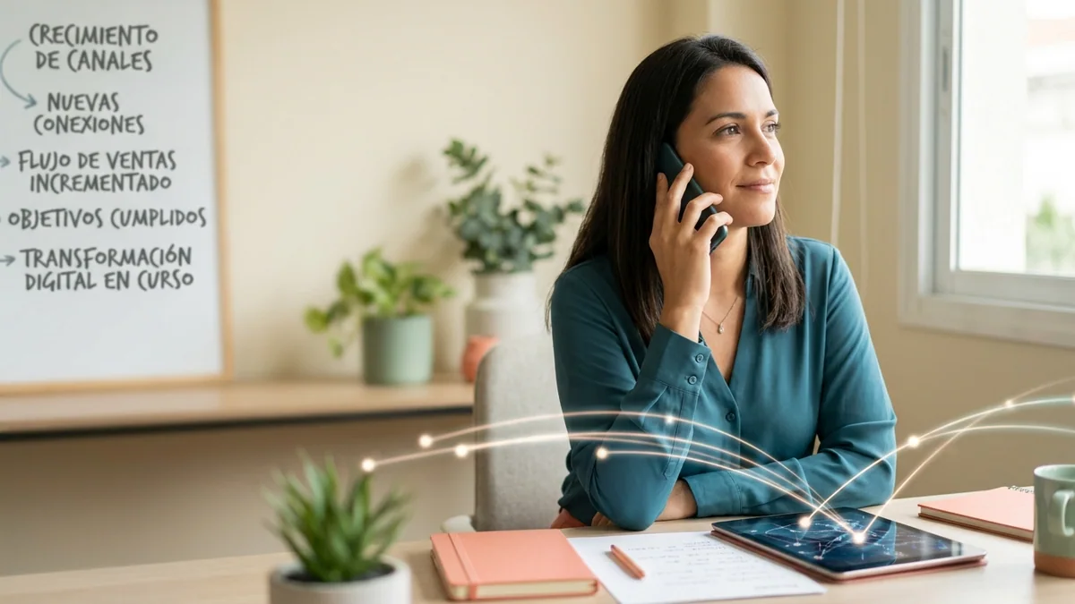 Imagen editorial de una pequeña empresa atendiendo una conversación comercial desde un teléfono sobre la mesa, con un cliente al otro lado y burbujas abstractas sin palabras ni interfaz legible. Artículo: Cómo implementar Dania.ai en tu empresa en 48 horas