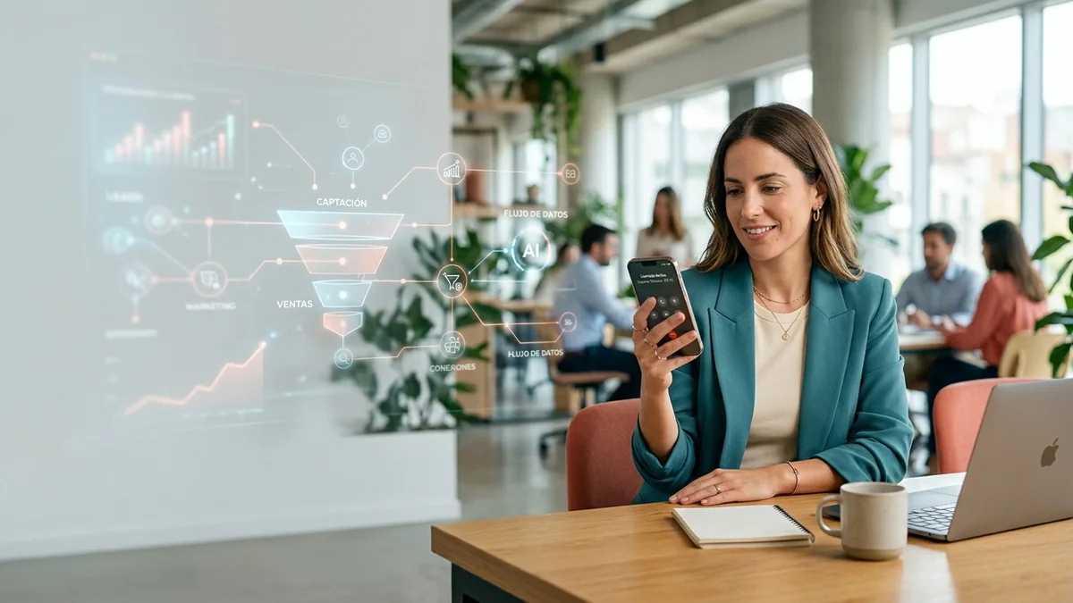 Imagen editorial de una dueña de negocio revisando mensajes de seguimiento y una cesta de compra junto a un cliente satisfecho, con un teléfono sin texto visible y una sensación de recompra automatizada. Artículo: Cómo automatizar la captación de clientes con IA en 2026: Guía definitiva
