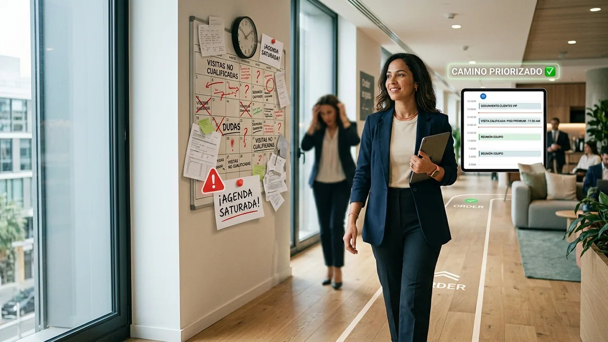 Imagen editorial de una agente de atención al cliente con auriculares ayudando a una persona por teléfono, con un ambiente de centralita moderna y sin pantallas ni texto legible. Artículo: Inmobiliarias con IA: Dania capta un 48% más compradores