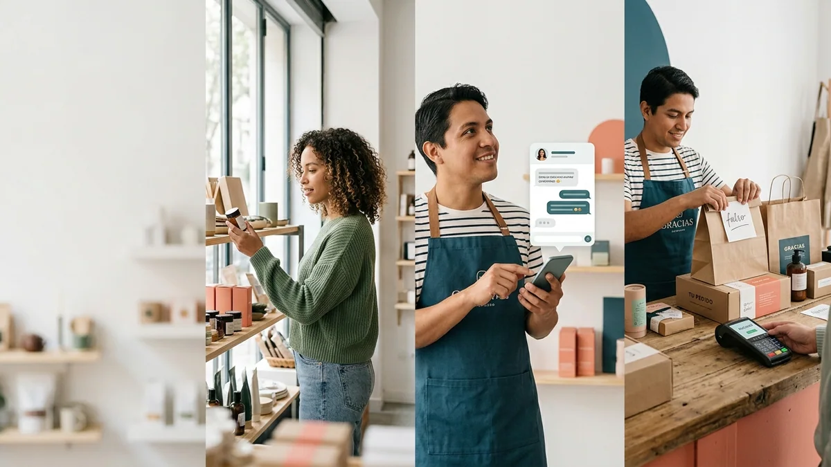 Imagen editorial de una pequeña empresa atendiendo una conversación comercial desde un teléfono sobre la mesa, con un cliente al otro lado y burbujas abstractas sin palabras ni interfaz legible. Artículo: Cómo Dania.ai sube un 35% la facturación en retail y e-commerce