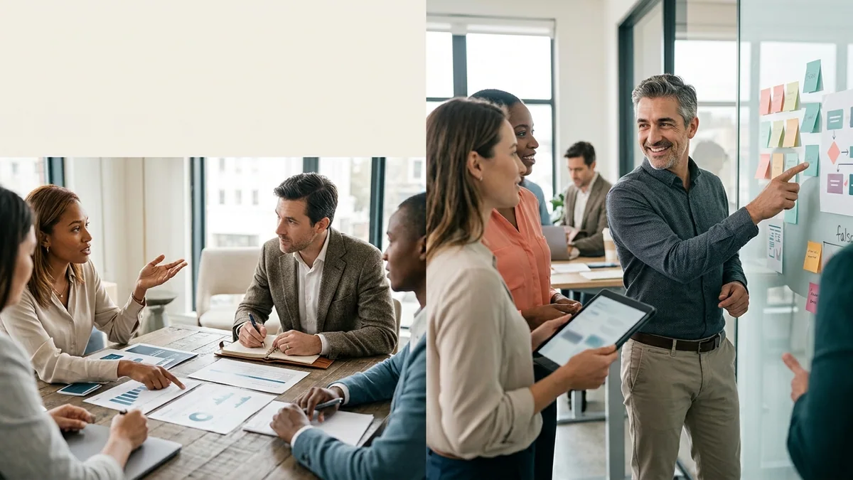 Imagen editorial de una consultora B2B revisando una pizarra física de cuentas objetivo y conectando contactos con notas adhesivas, en una reunión profesional sin logotipos ni texto legible. Artículo: IA para consultoras: el flujo que da un 42% más de facturación