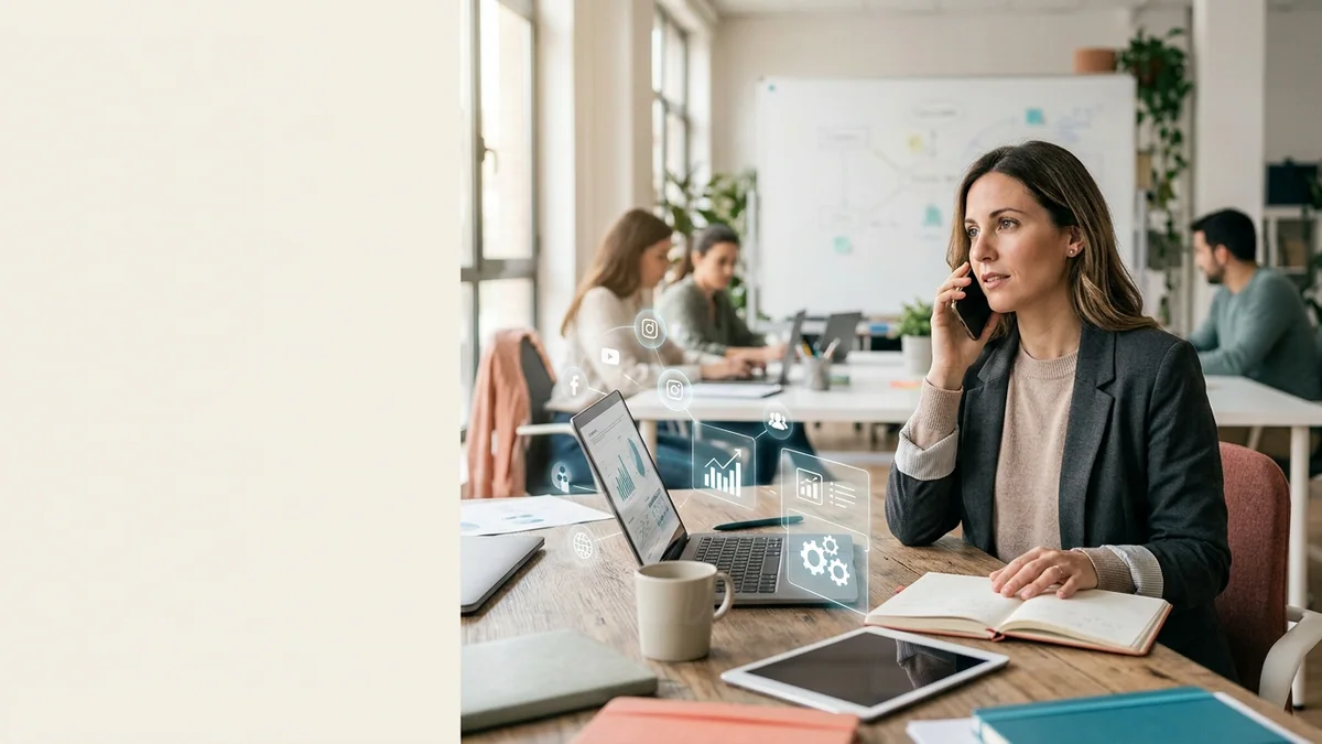 Imagen editorial de un equipo pequeño de empresa visualizando un flujo de marketing y ventas automatizado: portátil, mensajes conversacionales abstractos, calendario y conexiones entre canales, sin marcas ni texto legible. Artículo: Dania.ai vs gestor de comunidad: comparativa de coste real