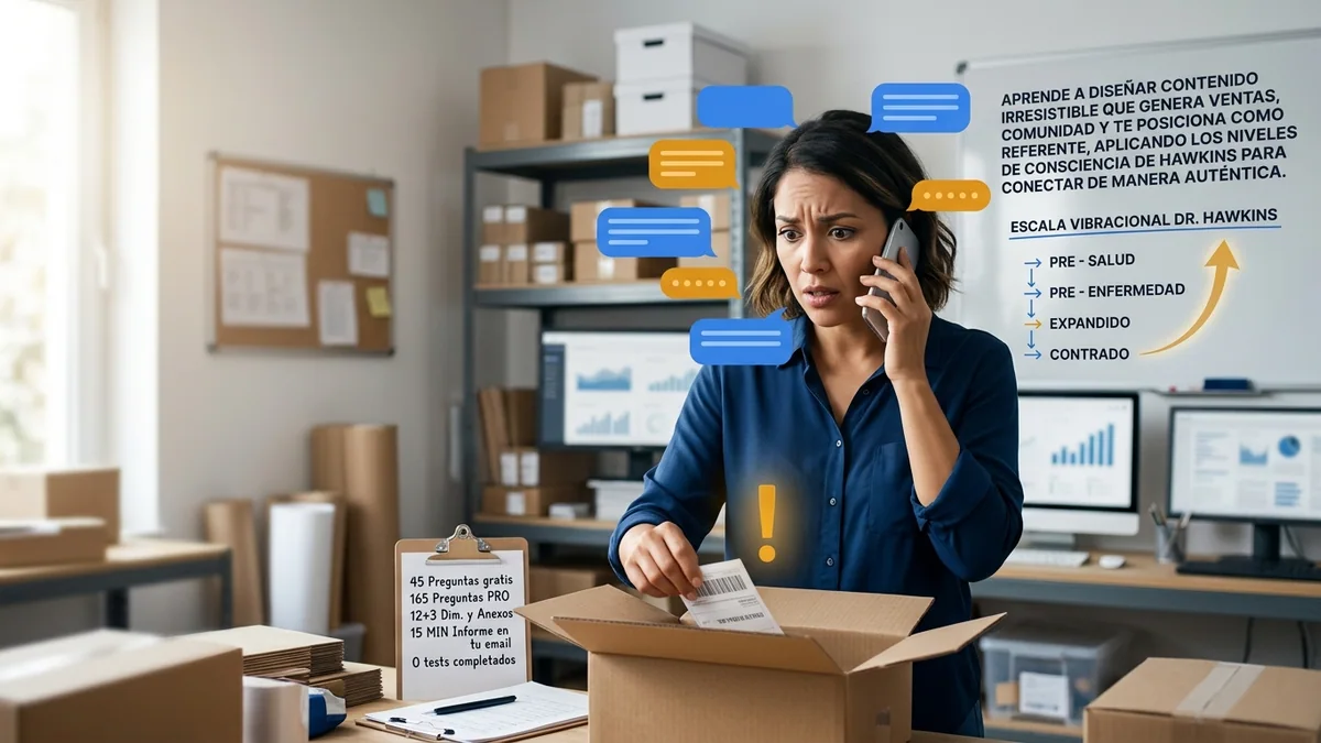 Imagen editorial de a small business handling a customer conversation from a phone while preparing an order, with abstract message bubbles and no readable text; a recognizable mistake with visual warning cues and a concrete corrective action, creating curiosity about the solution. Artículo: Dania.ai en 2026: review de los Autopilots que venden por ti