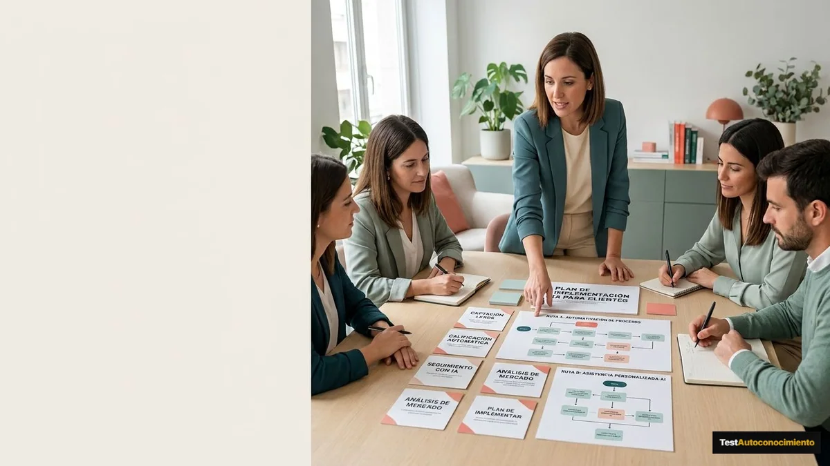 Imagen editorial de a consultant onboarding a small business team into an AI agency network, with a concrete training workshop, process cards and a client implementation plan, no logos or readable text; a balanced visual choice between two clearly different paths, with a decision still open so the reader wants the verdict. Artículo: Dania.ai Inmobiliario vs HubSpot CRM: comparativa 2026
