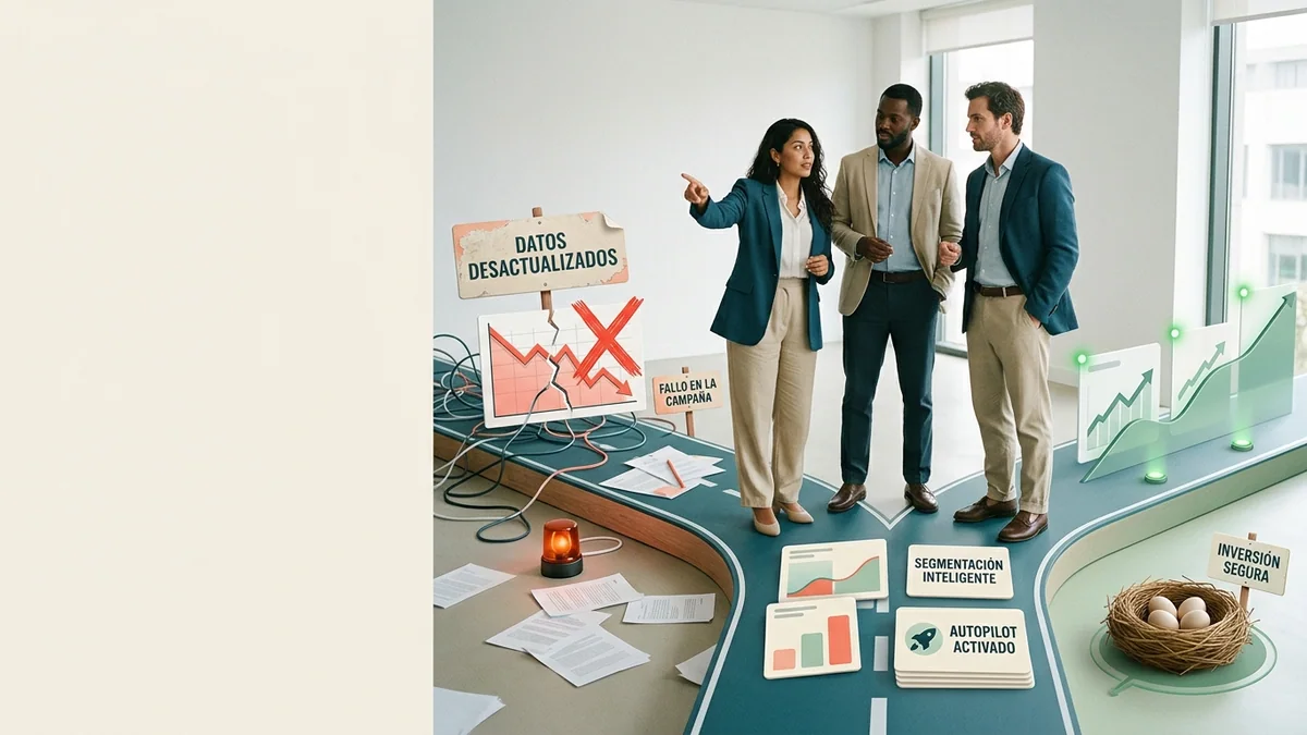 Imagen editorial de una dueña de negocio revisando mensajes de seguimiento y una cesta de compra junto a un cliente satisfecho, con un teléfono sin texto visible y una sensación de recompra automatizada. Artículo: Dania.ai Reseña 2026: Análisis Completo de sus 8 Autopilots