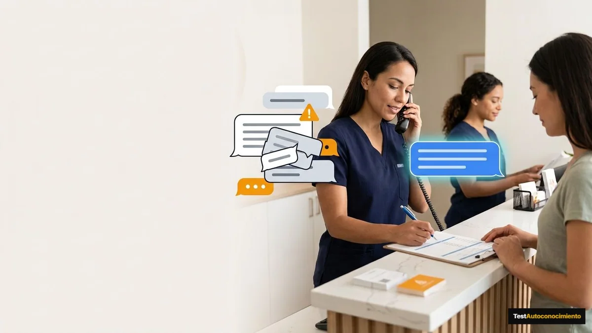 Imagen editorial de a small business handling a customer conversation from a phone while preparing an order, with abstract message bubbles and no readable text; a recognizable mistake with visual warning cues and a concrete corrective action, creating curiosity about the solution. Artículo: Dania.ai Salud: análisis 2026 para captación de pacientes con IA
