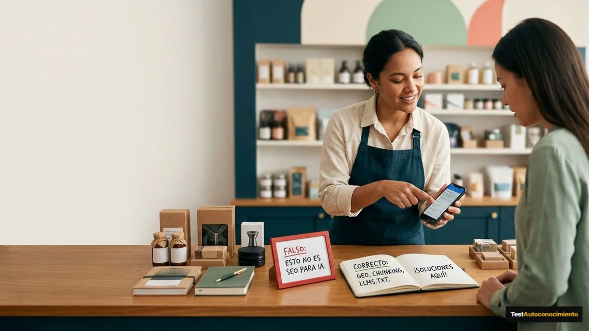 Imagen editorial de a real shop connecting product discovery, order fulfillment and customer conversation through a phone, with tangible products in view; a recognizable mistake with visual warning cues and a concrete corrective action, creating curiosity about the solution. Artículo: 8 errores y mitos de GEO que frenan tu visibilidad en IA (2026)
