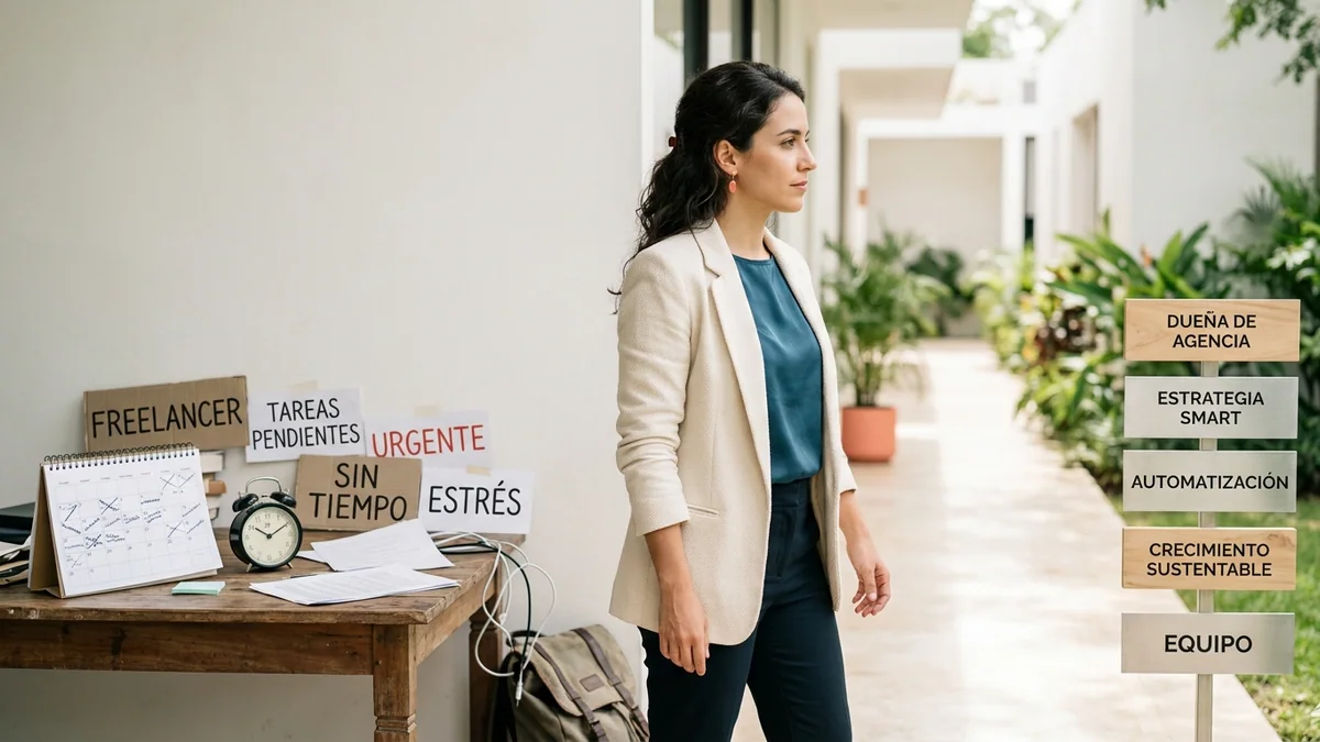Imagen editorial de una consultora B2B revisando una pizarra física de cuentas objetivo y conectando contactos con notas adhesivas, en una reunión profesional sin logotipos ni texto legible. Artículo: De freelancer a dueño de ISMMA: Cómo automatizar tu agencia de marketing