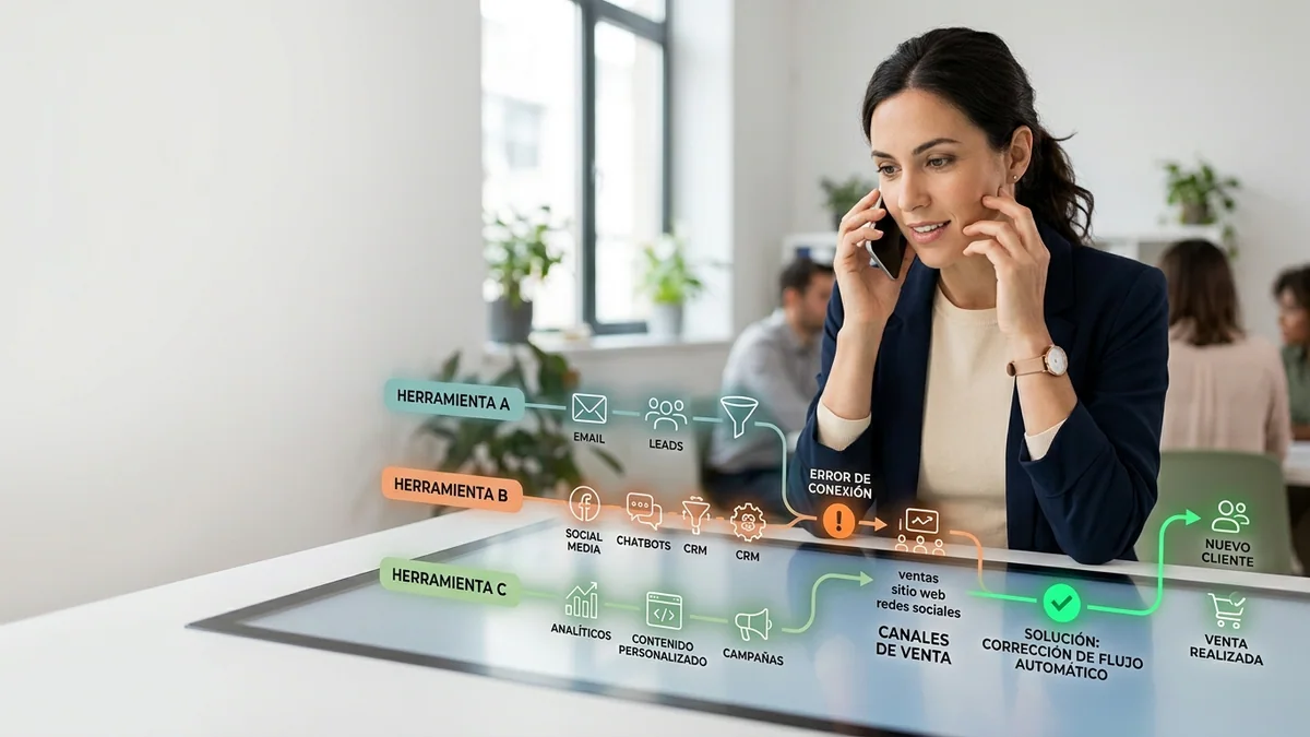 Imagen editorial de una pequeña empresa atendiendo una conversación comercial desde un teléfono sobre la mesa, con un cliente al otro lado y burbujas abstractas sin palabras ni interfaz legible. Artículo: Marketing con IA en 2026: Comparativa de 3 Herramientas