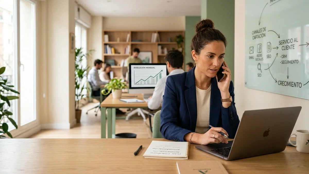 Imagen editorial de una consultora B2B revisando una pizarra física de cuentas objetivo y conectando contactos con notas adhesivas, en una reunión profesional sin logotipos ni texto legible. Artículo: ¿Qué es una ISMMA y cómo crear una agencia de marketing con IA en 2026?