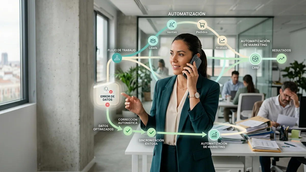 Imagen editorial de una pequeña empresa atendiendo una conversación comercial desde un teléfono sobre la mesa, con un cliente al otro lado y burbujas abstractas sin palabras ni interfaz legible. Artículo: 5 servicios de marketing digital con IA que puedes vender hoy mismo