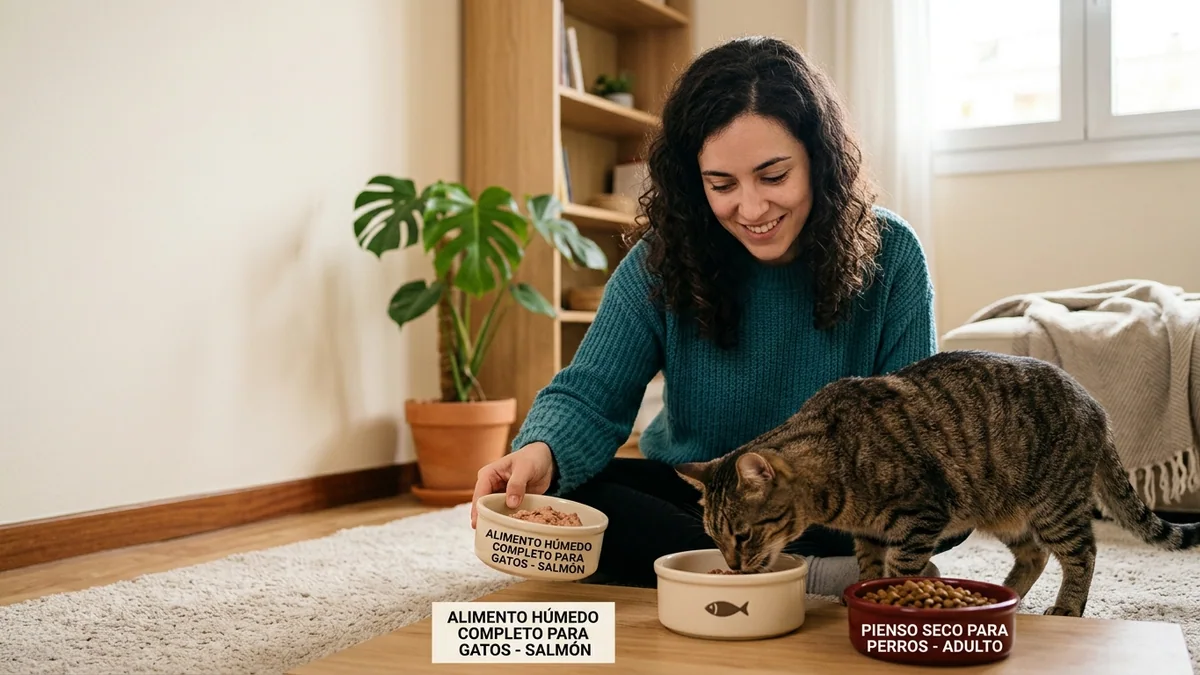 Imagen editorial de a cat owner decoding a domestic cat body-language moment, with a close trust-building interaction in a calm home; a recognizable mistake with visual warning cues and a concrete corrective action, creating curiosity about the solution. Artículo: 7 errores al cuidar la nutrición de tu gato en 2026 (evítalos)