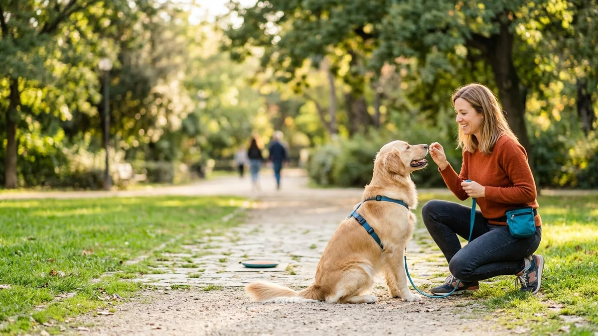 Imagen editorial de una persona guiando a un perro feliz con refuerzo positivo en un parque luminoso, con una actitud paciente y una interacción cercana. Artículo: Adiestramiento Canino Básico en 2026: Guía Comparativa de Recursos