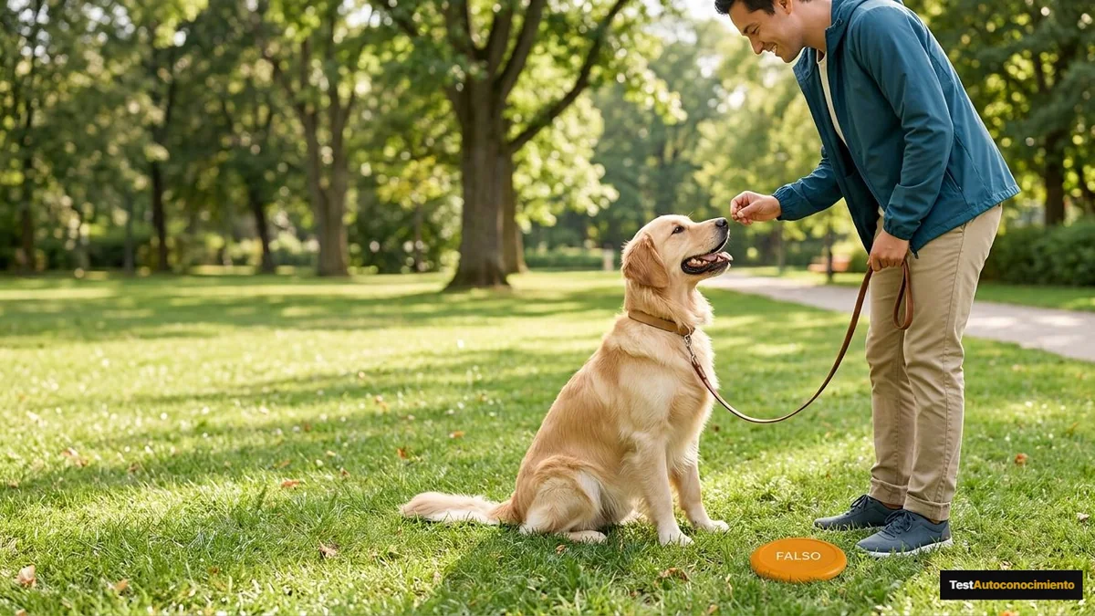 Imagen editorial de a dog owner using positive reinforcement during a concrete training moment in a sunlit park, with the dog visibly responding; a recognizable mistake with visual warning cues and a concrete corrective action, creating curiosity about the solution. Artículo: Adiestramiento en Positivo vs Métodos Tradicionales: Cuál Elegir en 2026