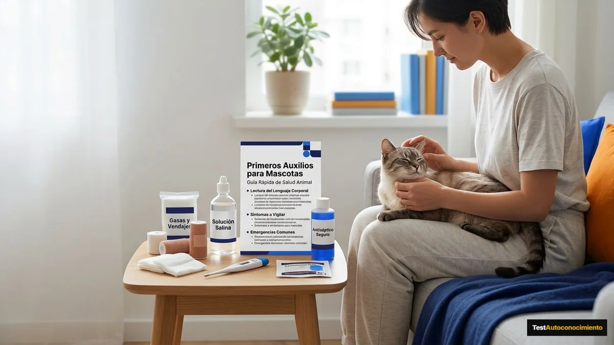 Imagen editorial de a cat owner decoding a domestic cat body-language moment, with a close trust-building interaction in a calm home; a curated selection of distinct alternatives with hierarchy and contrast, inviting the reader to discover which one wins. Artículo: Botiquín básico para perros y gatos en 2026: qué debe tener sí o sí