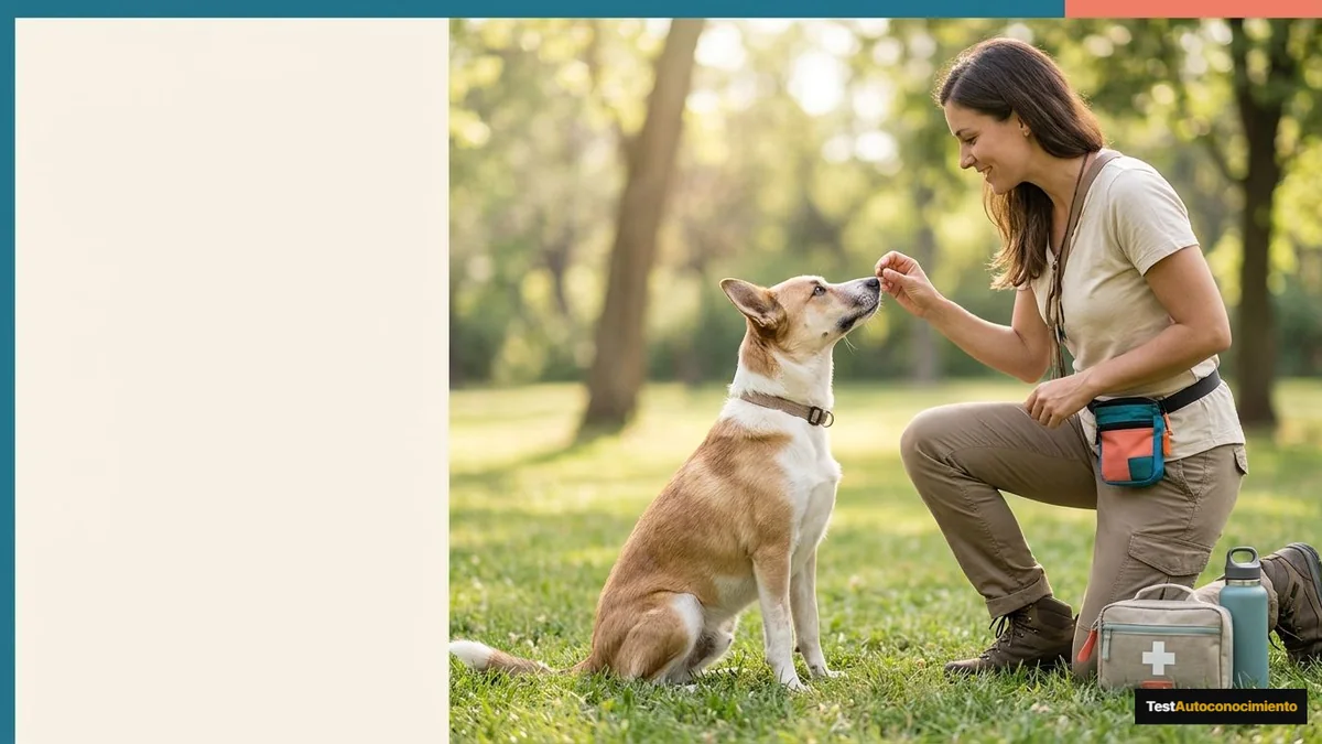Imagen editorial de a dog owner using positive reinforcement during a concrete training moment in a sunlit park, with the dog visibly responding; a visual roadmap from problem to result, with a clear progression and a feeling of practical transformation. Artículo: Botiquín para Perros 2026: Qué Necesita tu Casa Sí o Sí