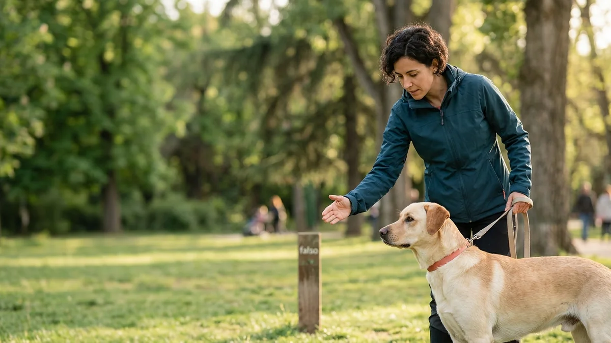 Imagen editorial de a dog owner using positive reinforcement during a concrete training moment in a sunlit park, with the dog visibly responding; a recognizable mistake with visual warning cues and a concrete corrective action, creating curiosity about the solution. Artículo: Cómo Adiestrar a un Perro Adulto sin Educación Básica: Guía 2026