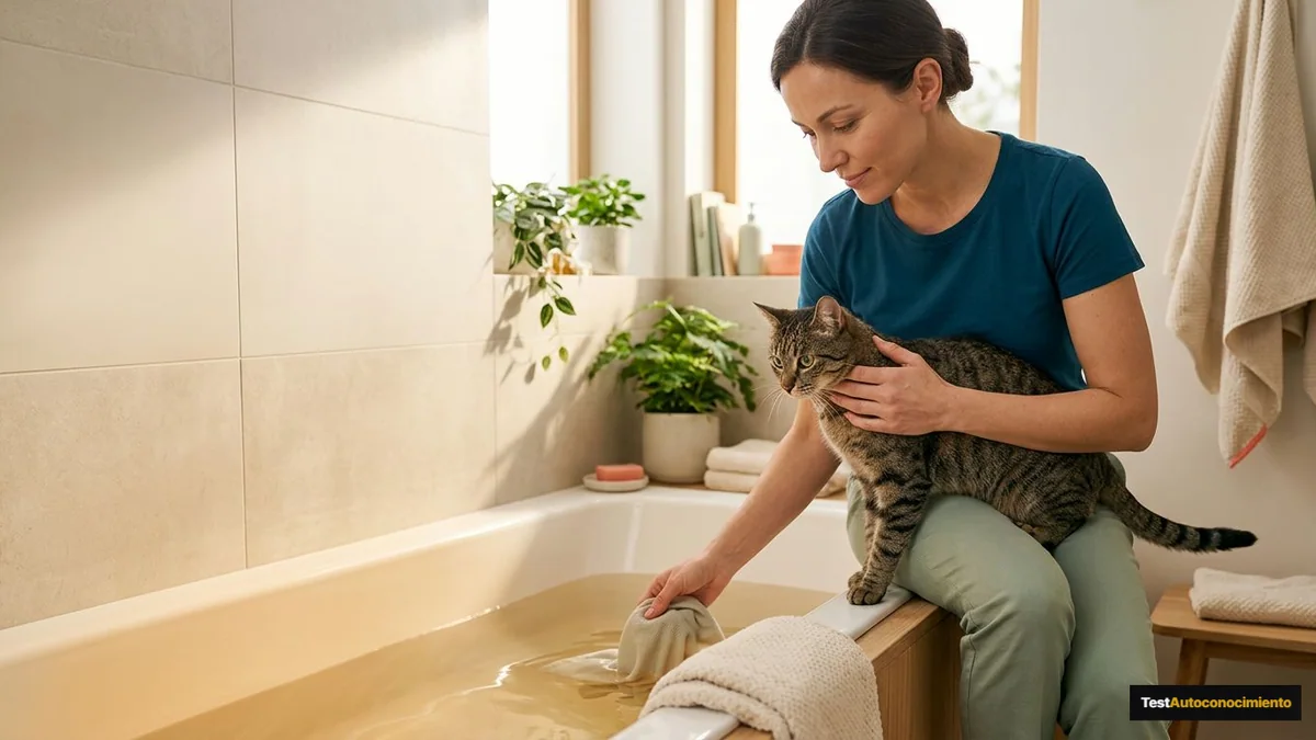 Imagen editorial de a cat owner decoding a domestic cat body-language moment, with a close trust-building interaction in a calm home; a recognizable mistake with visual warning cues and a concrete corrective action, creating curiosity about the solution. Artículo: Cómo Bañar a un Gato sin que sea una Batalla Campal (2026)