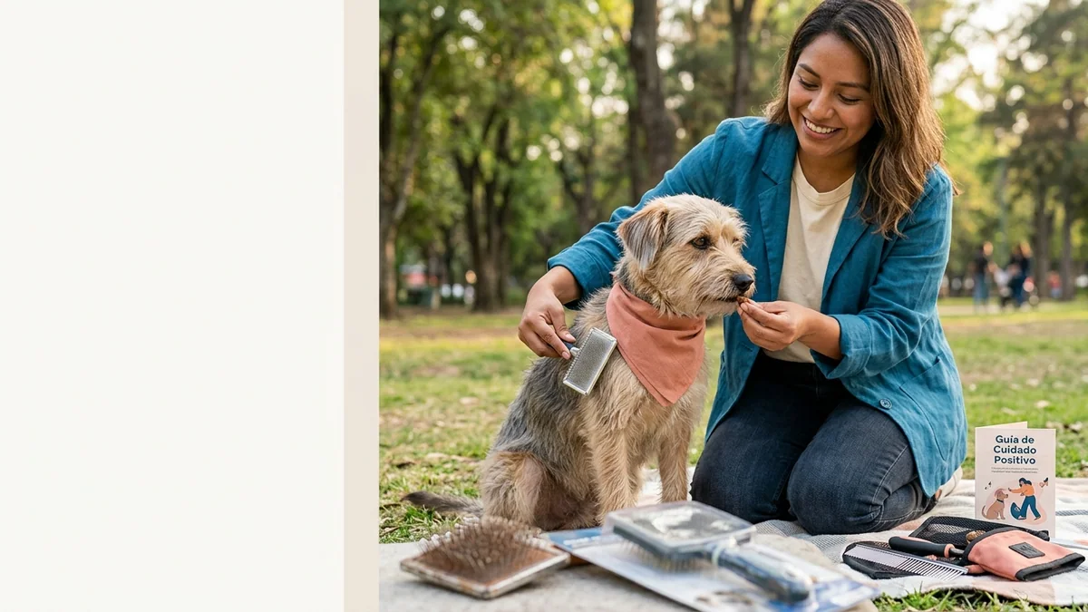 Imagen editorial de a dog owner using positive reinforcement during a concrete training moment in a sunlit park, with the dog visibly responding; a recognizable mistake with visual warning cues and a concrete corrective action, creating curiosity about the solution. Artículo: Cómo Cortar el Pelo a tu Perro en Casa Sin Ir a la Peluquería (2026)