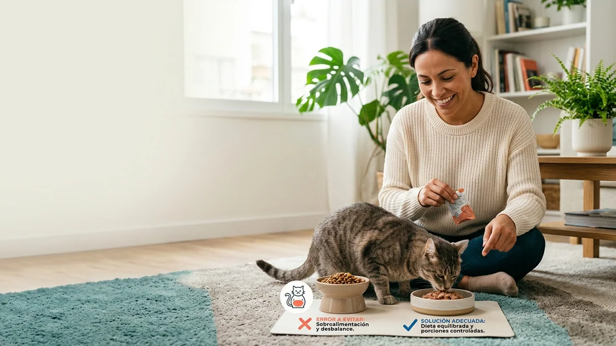 Imagen editorial de a cat owner decoding a domestic cat body-language moment, with a close trust-building interaction in a calm home; a recognizable mistake with visual warning cues and a concrete corrective action, creating curiosity about the solution. Artículo: Cómo elegir la nutrición felina ideal para tu gato en 2026