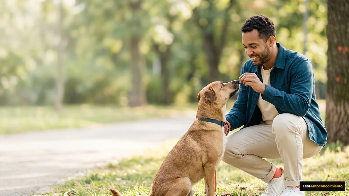 Imagen editorial de a dog owner using positive reinforcement during a concrete training moment in a sunlit park, with the dog visibly responding; a balanced visual choice between two clearly different paths, with a decision still open so the reader wants the verdict. Artículo: ¿Cómo elegir la raza de perro adecuada según tu estilo de vida en 2026?