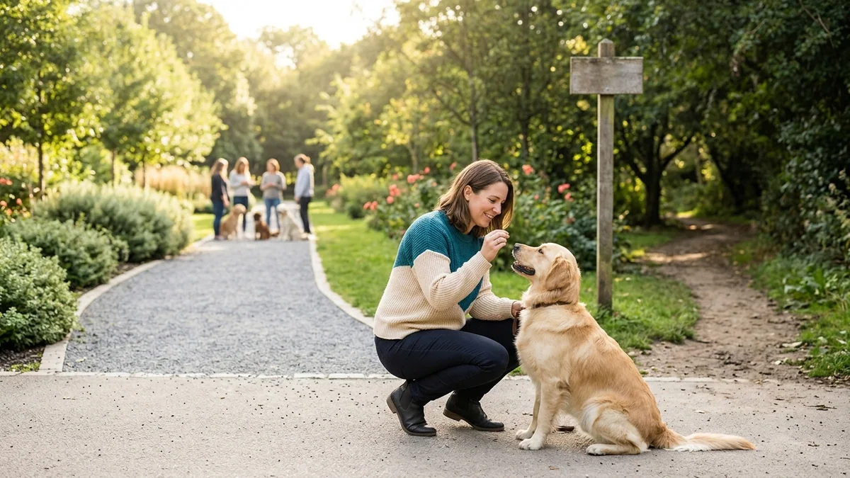 Imagen editorial de una persona guiando a un perro feliz con refuerzo positivo en un parque luminoso, con una actitud paciente y una interacción cercana. Artículo: Cómo Elegir un Curso de Adiestramiento Canino en 2026