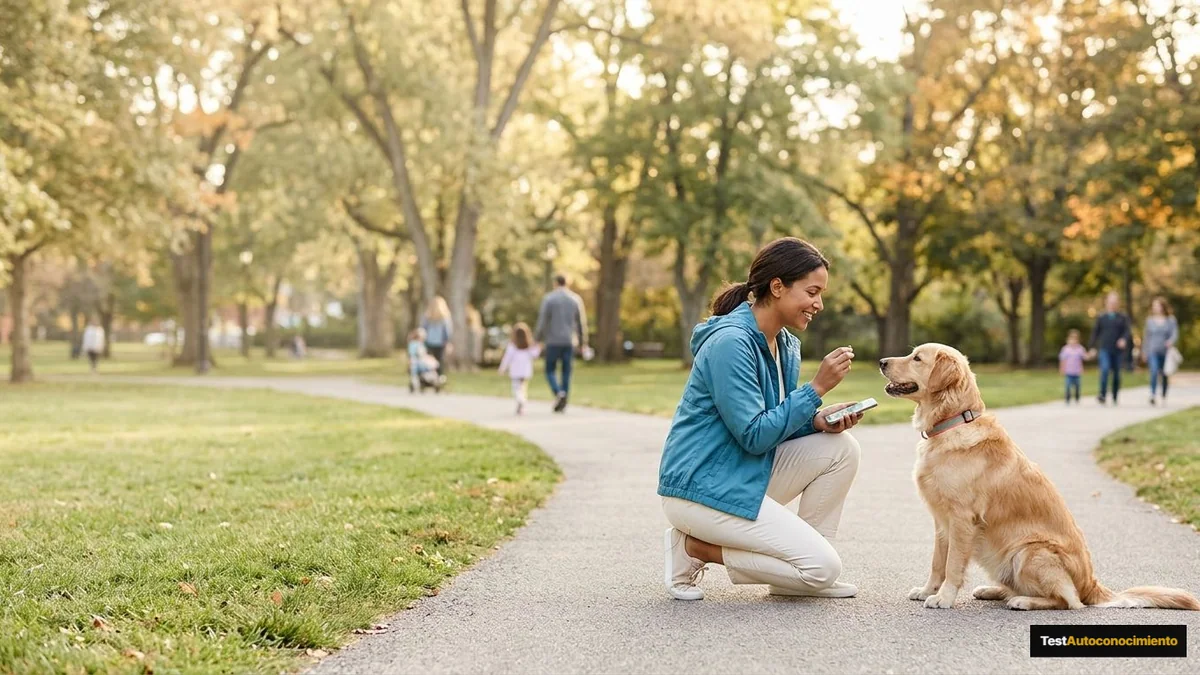 Imagen editorial de a dog owner using positive reinforcement during a concrete training moment in a sunlit park, with the dog visibly responding; a balanced visual choice between two clearly different paths, with a decision still open so the reader wants the verdict. Artículo: Cómo Saber si tu Perro Tiene Ansiedad por Separación en 2026 (y Qué Hacer)